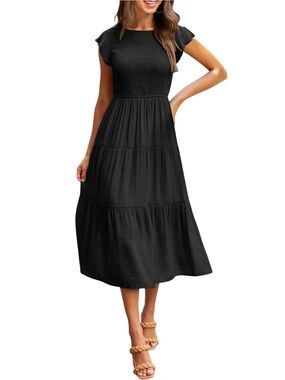 Merokeety Black Smocked Tiered Midi Dress Flutter Sleeve Rayon S